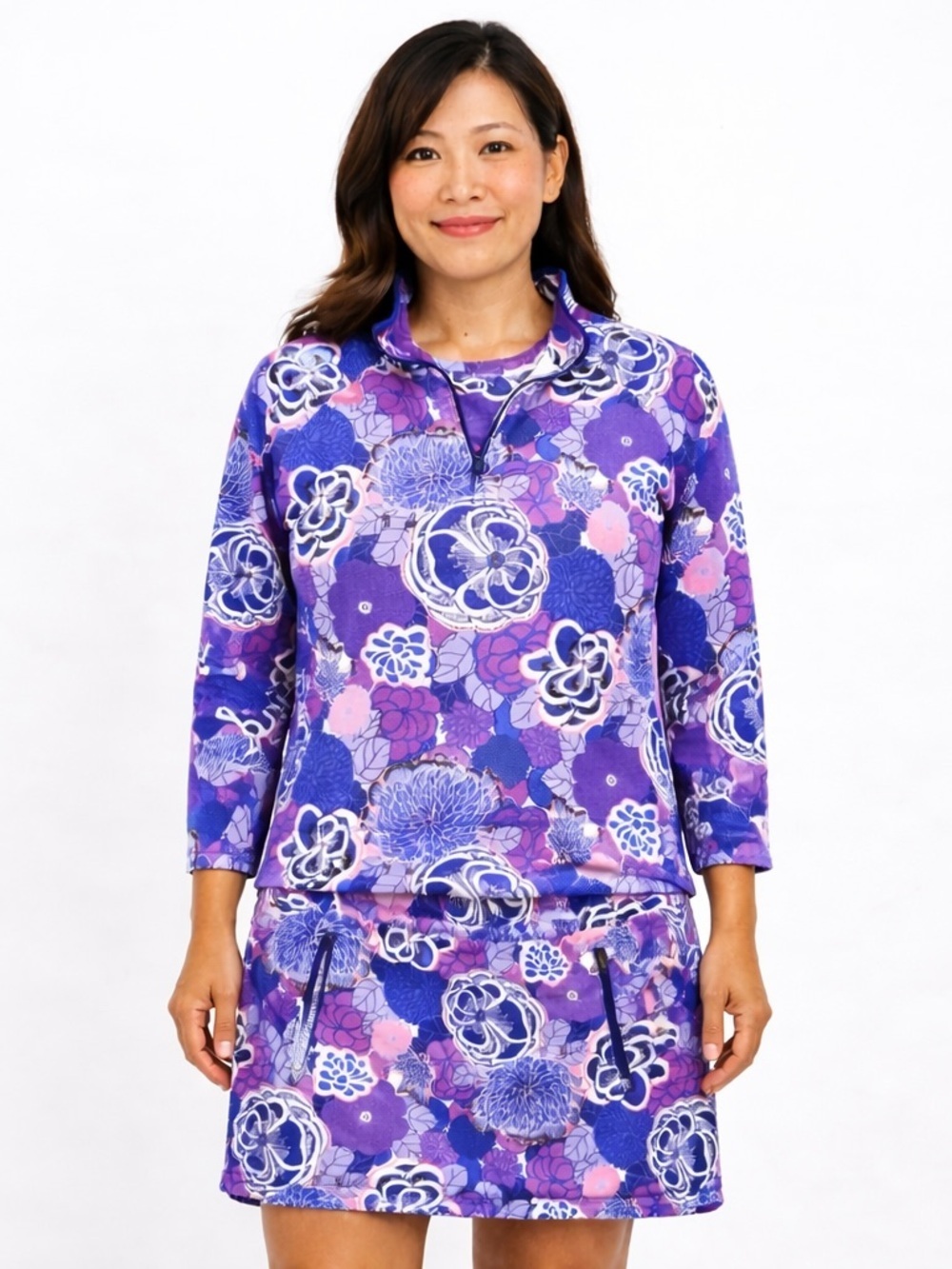 Talbots 3-Piece Set Skort, Tee & 1/4 Zip Purple Pinks & Blues Medium Tennis